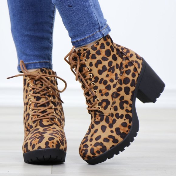Shoes - Lace-Up Lug Chunky Block High Heel Ankle Boots Leopard Faux Suede
